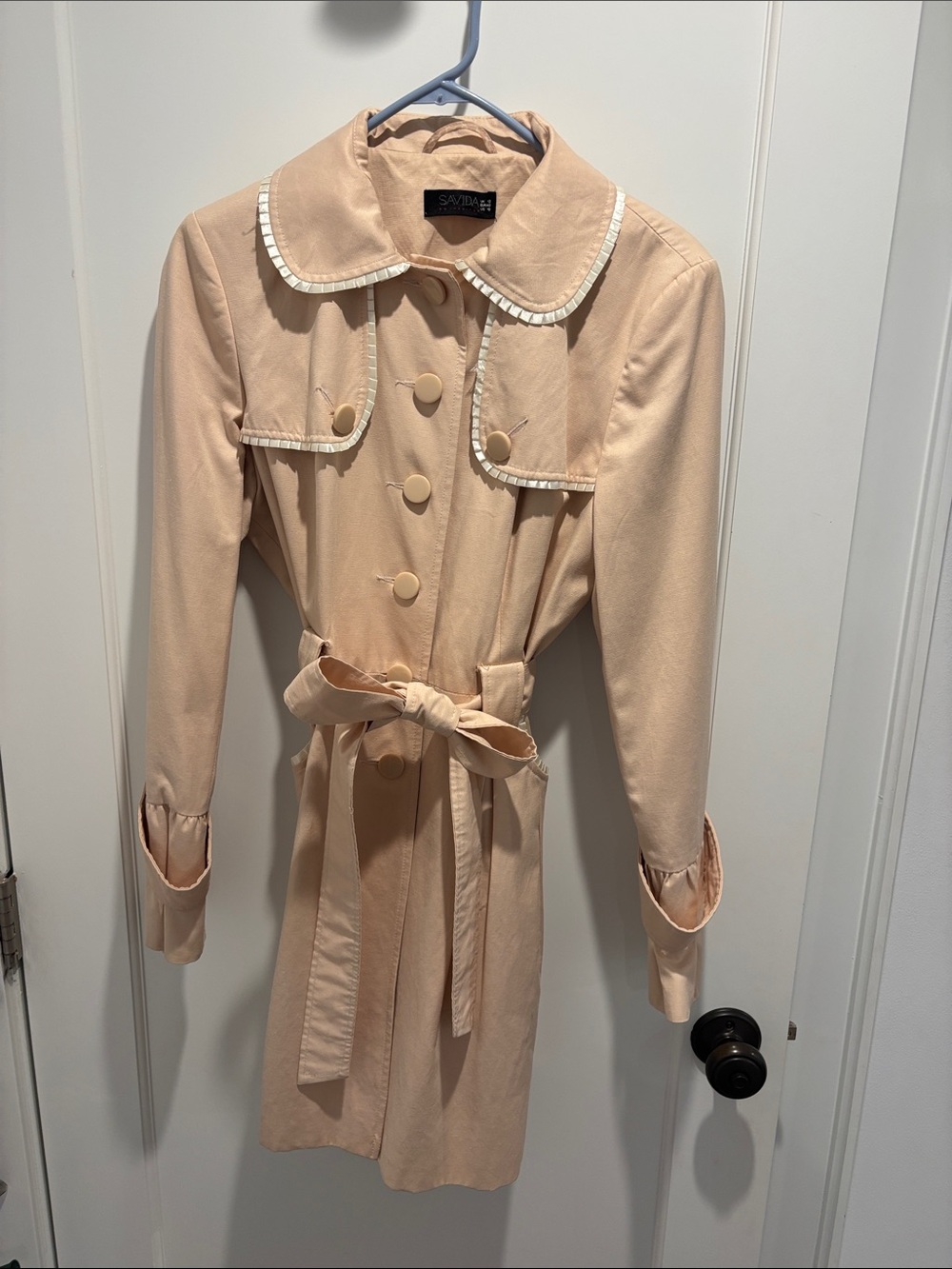 Blush Belted Trench with Pleated-Trim Collar